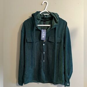 ROMWE Dark Green Corduroy button up Hoodie